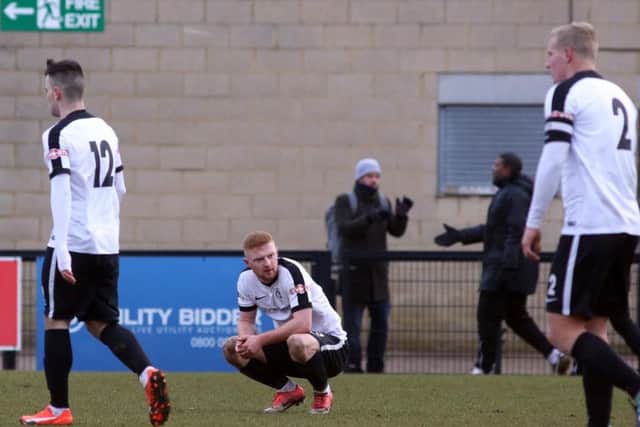 Sam Warburton shows his disappointment following Corby Town's 2-0 home defeat to Gresley FC. Pictures by Alison Bagley