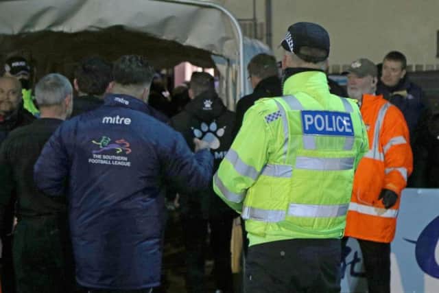 Police were already on site at Latimer Park during Kettering Town's NFA Hillier Senior Cup semi-final with AFC Rushden & Diamonds before an alleged incident took place at half-time. Picture by Peter Short