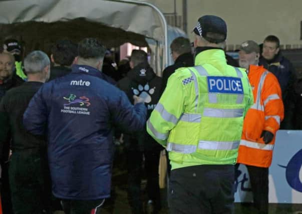 Police were already on site at Latimer Park during Kettering Town's NFA Hillier Senior Cup semi-final with AFC Rushden & Diamonds before an alleged incident took place at half-time. Picture by Peter Short