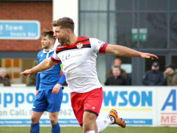 Michael Richens celebrates after scoring during Kettering Town's 4-0 victory at Stratford Town on Saturday. Picture by Peter Short