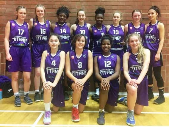 Northamptonshire Titans U16 Girls pose for the camera after they beat Leicester Warriors 90-31