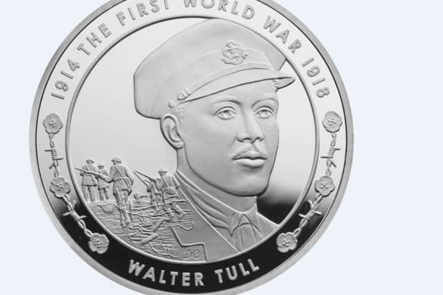 The Royal Mint's £5 commemorative coin for Walter Tull, ex-Northampton footballer who lived in Rushden and who was killed in action