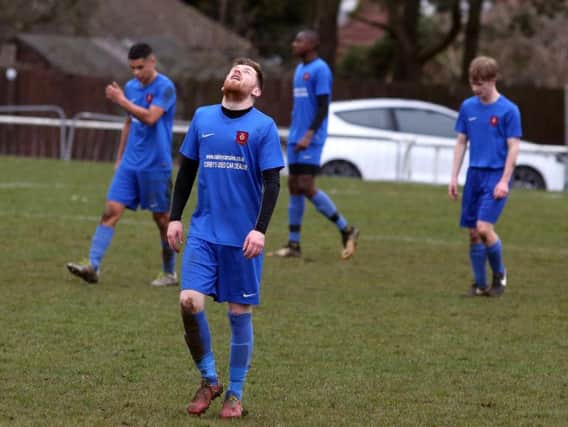 The Stewarts & Lloyds players show their disappointment after conceding a goal during their 7-1 home defeat to Melton Town. Pictures by Alison Bagley