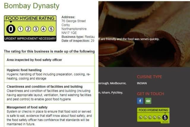 The restaurant's rating on the Food Standards Agency website (left) next to a screengrab from Bombay Dynasty's website, taken yesterday. NNL-180327-143742005