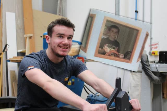 Tresham College student Shaye Bennett working on the playboat, with inset image of Shaye as a young boy playing in the old boat at Pen Green Centre