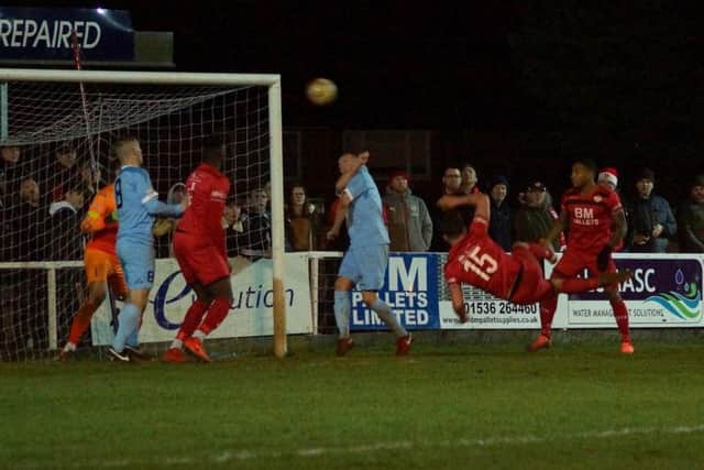 Mathew Stevens was just off target with this acrobatic effort during Kettering Town's 4-3 win over Dorchester Town on Tuesday night. Picture by Peter Short