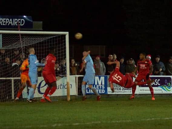 Mathew Stevens was just off target with this acrobatic effort during Kettering Town's 4-3 win over Dorchester Town on Tuesday night. Picture by Peter Short