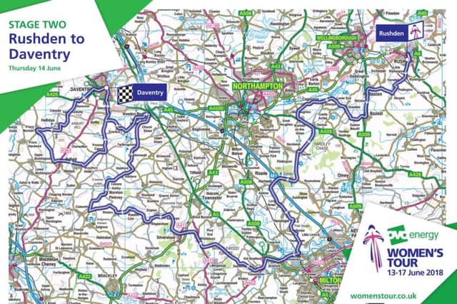 The route of the Women's Tour from Rushden to Daventry