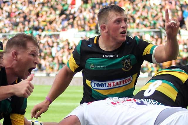 Alex Waller celebrated a Dylan Hartley score against Leicester at Franklin's Gardens back in September and the prop is now looking forward to facing the Tigers at Welford Road tomorrow (picture: Sharon Lucey)