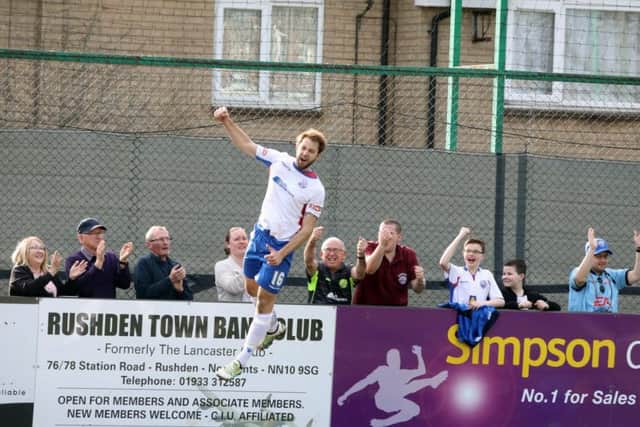 Tom Lorraine jumps for joy after he competed the scoring in AFC Rushden & Diamonds' 4-1 victory over Aylesbury United. Pictures by Alison Bagley