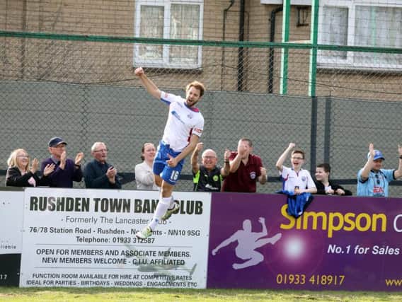 Tom Lorraine jumps for joy after he competed the scoring in AFC Rushden & Diamonds' 4-1 victory over Aylesbury United. Pictures by Alison Bagley