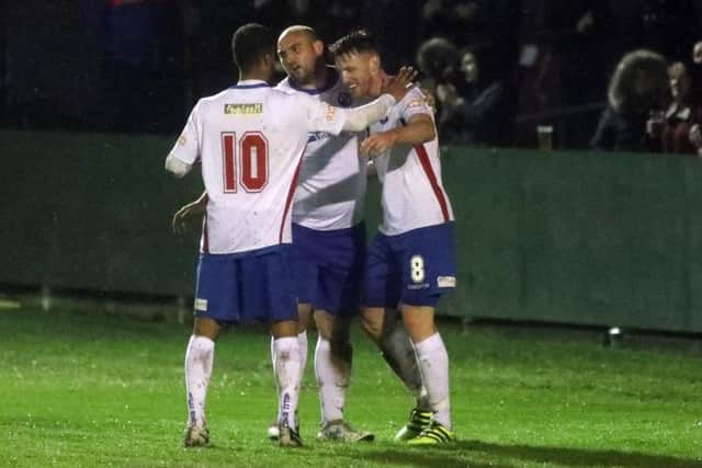 Ben Farrell takes the congratulations after completing his hat-trick in the 7-1 demolition of Aylesbury FC