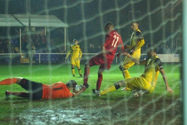 Action from Kettering Town's 3-2 home defeat to Tiverton Town last night. Picture by Peter Short