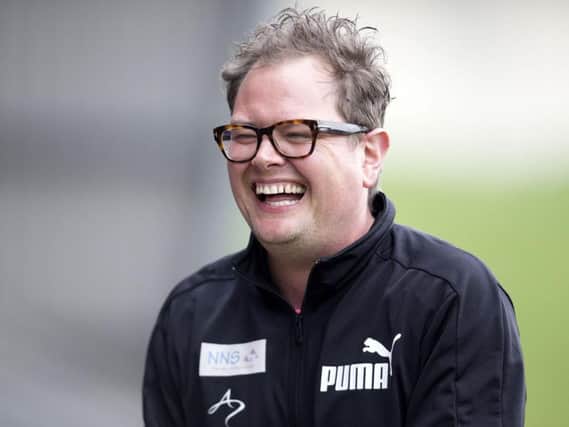 Alan Carr helped to manage one of the charity football match teams with his dad, Graham. Pictures: Kirsty Edmonds.
