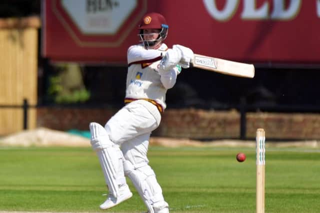 Rob Newton hits out on his way to an unbeaten century for Northants against Pakistan (Pictures: Dave Ikin)