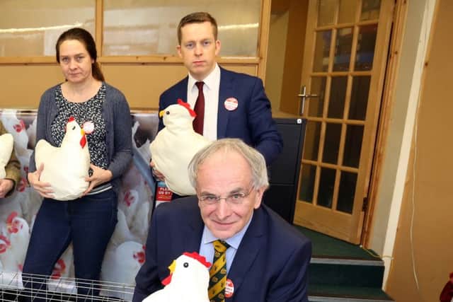 Mr Bone with Helen Harrison and Corby MP Tom Pursglove at a campaign against a chicken farm earlier this year.