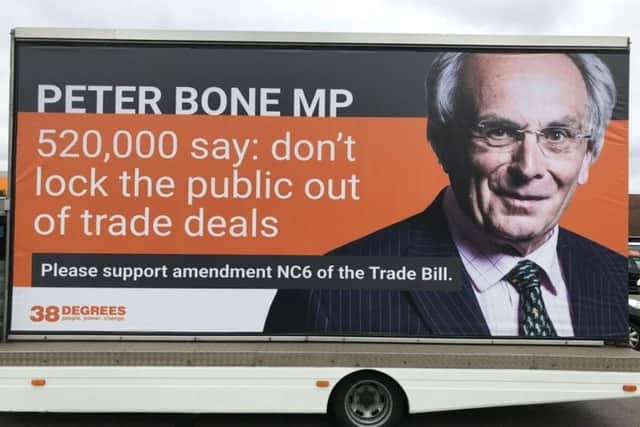 MP Peter Bone is being called on to support an ammendment to the trade bill. This trailer has been in Wellingborough today. NNL-180806-150459005