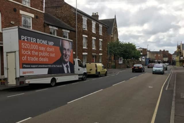 MP Peter Bone is being called on to support an ammendment to the trade bill. This trailer has been in Wellingborough today. NNL-180806-150448005