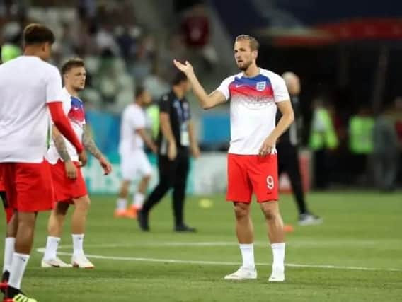 Harry Kane bats away midges and flies during the World Cup game against Tunisia.