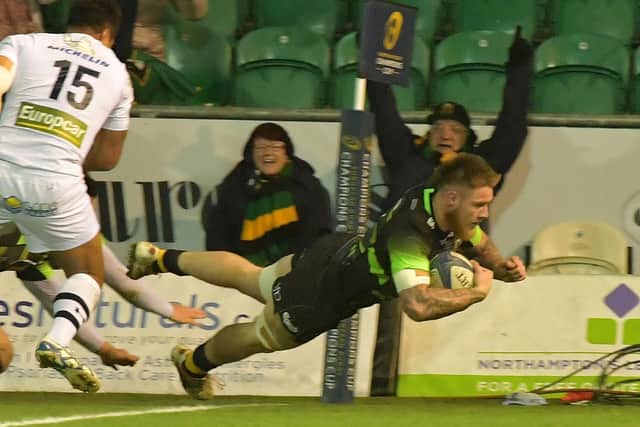 Teimana Harrison scored in Saints' win against Clermont Auvergne at Franklin's Gardens back in January (picture: Dave Ikin)