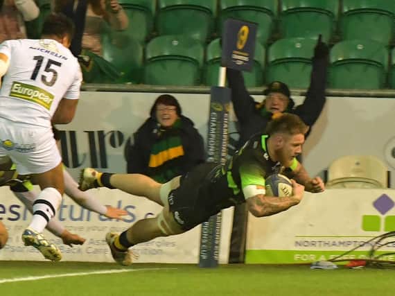 Teimana Harrison scored in Saints' win against Clermont Auvergne at Franklin's Gardens back in January (picture: Dave Ikin)