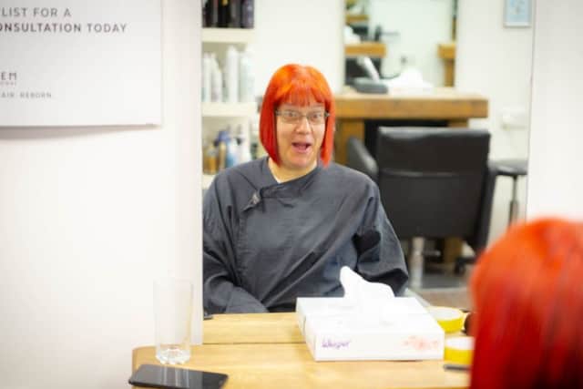 Nicola Lee at the moment her new hair colour was revealed.