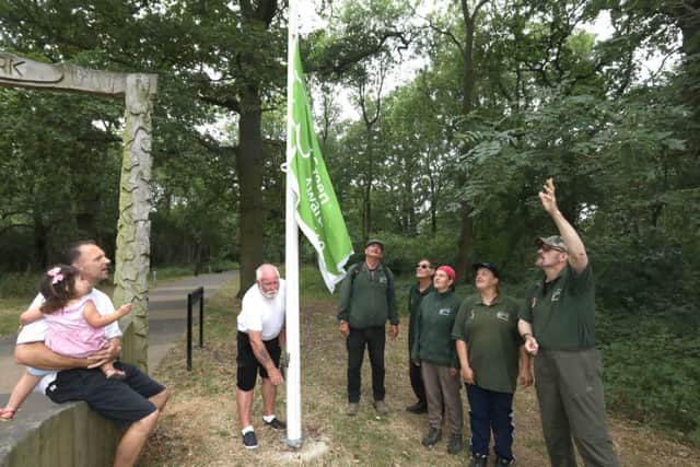 Green Flag: Corby:  Corby Borough Council with volunteers to raise the Green Flag for the 7th year running for Thoroughsale and Hazel Wood 
Tuesday, July 17th 2018 NNL-180717-194946009