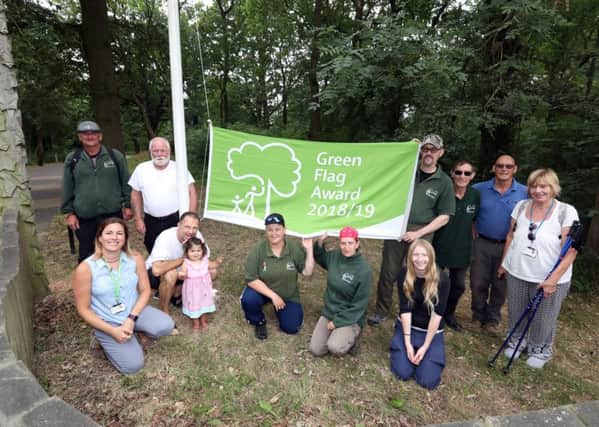 Green Flag: Corby:  Corby Borough Council with volunteers to raise the Green Flag for the 7th year running for Thoroughsale and Hazel Wood 
Tuesday, July 17th 2018 NNL-180717-194908009