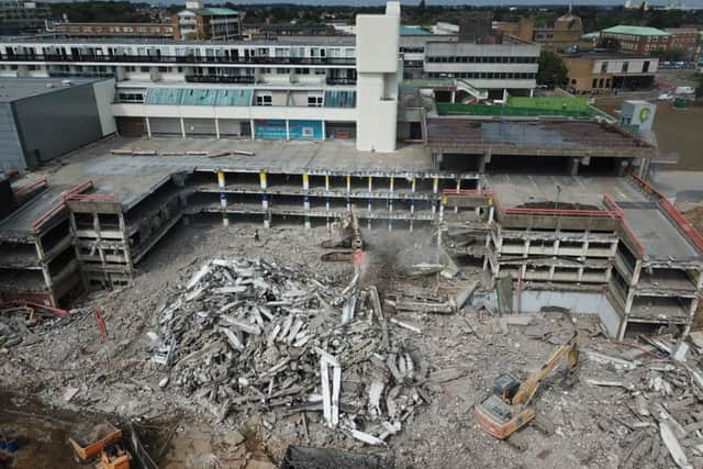 A view from above Corby multi-storey car park during demolition NNL-180824-151507005