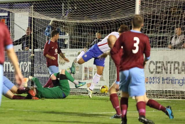 Tom Lorraine scores his and Diamonds' first goal in the FA Cup success