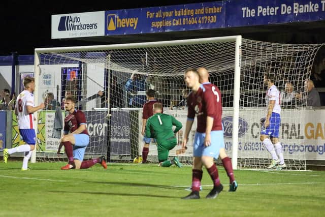The ball is in the net after Tom Lorraine grabbed AFC Rushden & Diamonds' opening goal in the 3-0 FA Cup win over Deeping Rangers. Picture by Alison Bagley