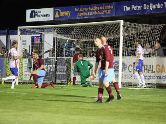 The ball is in the net after Tom Lorraine grabbed AFC Rushden & Diamonds' opening goal in the 3-0 FA Cup win over Deeping Rangers. Picture by Alison Bagley