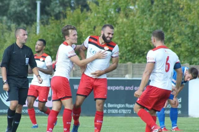 Gary Stohrer takes the congratulations after he scored Kettering Towns second goal in the 3-1 victory at Stratford Town last Saturday. Picture by Peter Short
