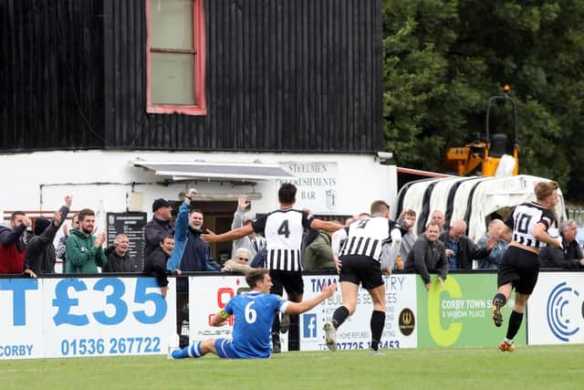 Joel Carta heads off to celebrate after he scored the Steelmen's second goal