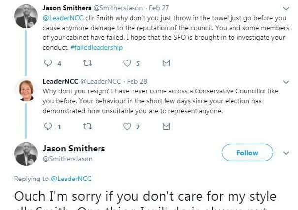 Cllr Smithers' tweet to Cllr Smith.