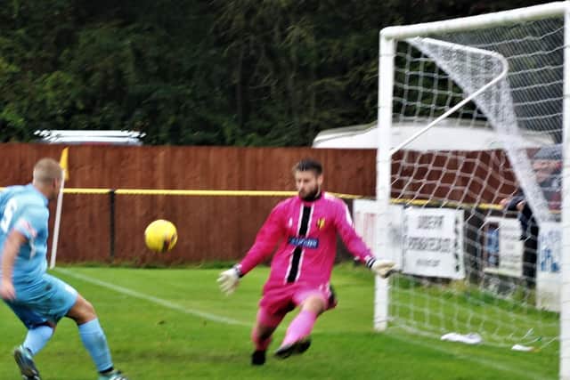 Jamie Anton grabbed Corby Town's fourth goal at Alvechurch in the FA Cup with this strike. The Steelmen turn their attention to the FA Trophy this weekend. Picture by David Tilley