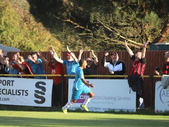 Rhys Hoenes celebrates his second goal in Kettering Town's 3-1 success at Alvechurch. Pictures by Peter Short