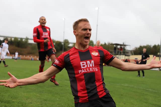 Brett Solkhon celebrates scoring on of his three penalties as Kettering Town beat Hednesford Town 4-0 in the fourth qualifying round of the Emirates FA Cup. Pictures by Peter Short