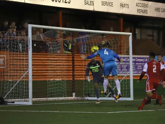 Brett Solkhon hit the post with this late header during Kettering Town's 0-0 draw at Tamworth. Pictures by Peter Short