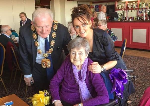 Kitty Neilan celebrating her 90th birthday with Meg Neilan and Wellingborough mayor Malcolm Ward