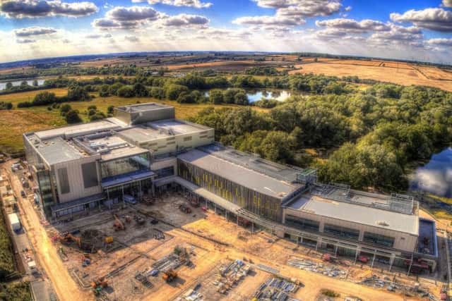 Work is progressing on the new leisure terrace at Rushden Lakes (aerial picture by John Bancroft)
