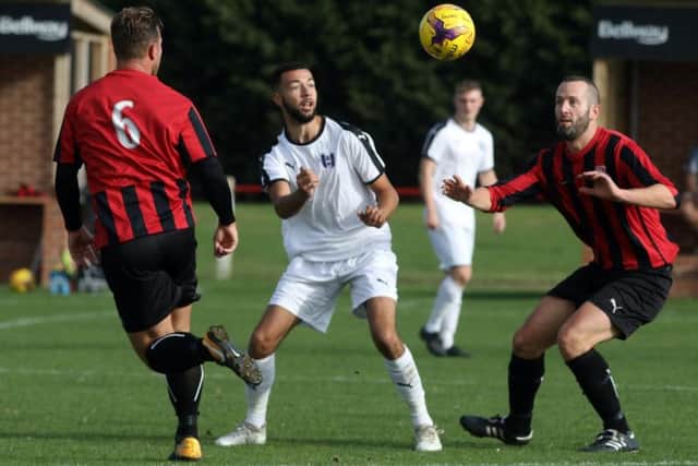 Action from Raunds Towns home clash with Daventry Town Reserves in the second round of the NFA Junior Cup. The visitors progressed 4-2 in a penalty shoot-out after the teams shared a 1-1 draw in normal time