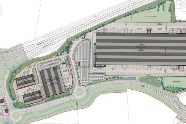 One of two illustrative masterplans for the site, showing the size of potentially the biggest warehouse. NNL-181024-113220005