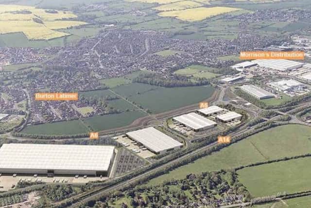 An artist's impression of the site, with Segro Park in between the A14 and A6 and Morrisons in the background. NNL-181024-113652005