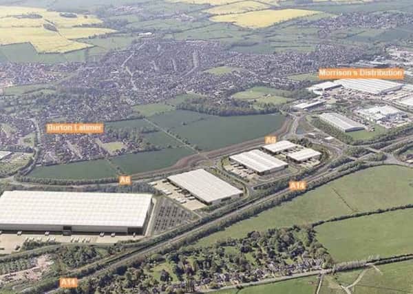An artist's impression of the site, with Segro Park in between the A14 and A6 and Morrisons in the background. NNL-181024-113652005