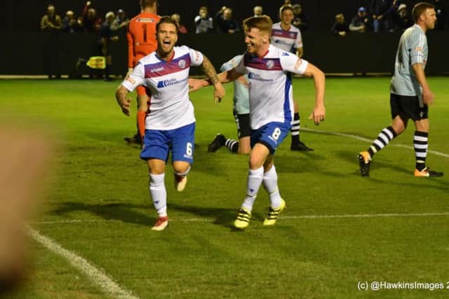 Declan Rogers shows his delight after scoring AFC Rushden & Diamonds' second goal in the 3-1 victory over Coalville Town in midweek. Picture courtesy of HawkinsImages