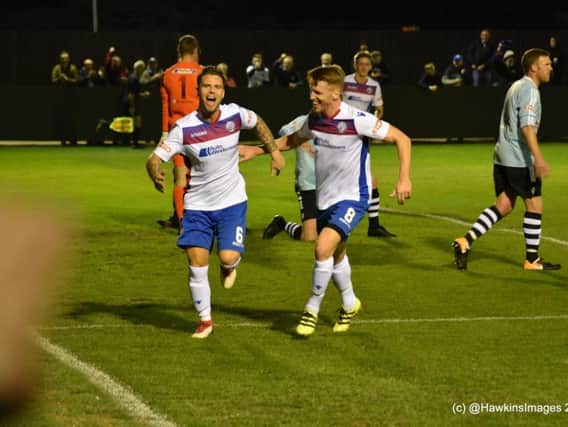 Declan Rogers shows his delight after scoring AFC Rushden & Diamonds' second goal in the 3-1 victory over Coalville Town in midweek. Picture courtesy of HawkinsImages