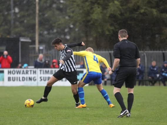 Joel Carta gets on the ball during Corby Town's 5-2 victory over Aylesbury FC at Steel Park. Picture by Alison Bagley