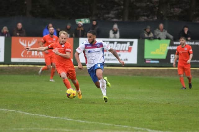 Nathan Hicks in action during AFC Rushden & Diamonds' 2-1 FA Trrophy win over St Ives Town at Hayden Road. Picture by Alison Bagley
