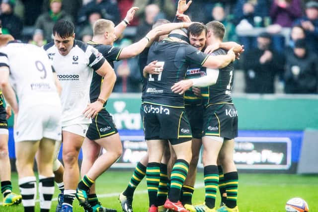 George Furbank celebrated a score for Saints at Franklin's Gardens (pictures: Kirsty Edmonds)